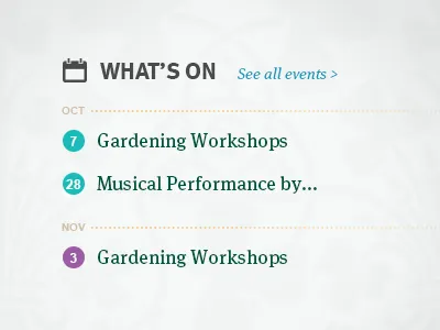 Events Summary events links list listing pattern posts web