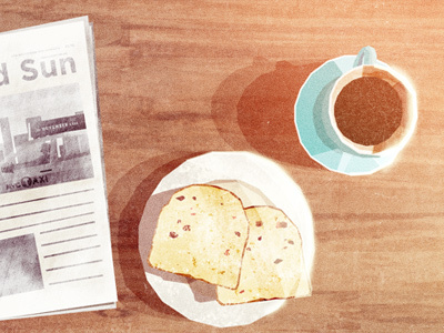 Scene 04 Coffee & Toast coffee glow grain illustration light paper table texture toast wood