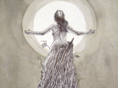 Moon black and white female form goddess moon nature pen and ink woman