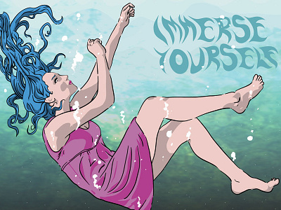 Immersed blue girl illustration ocean sinking water