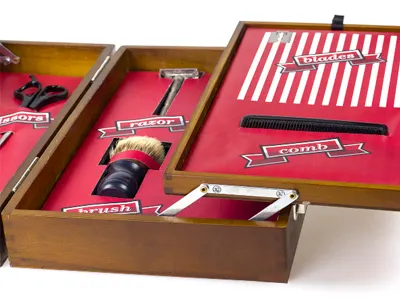 The Stache Stash blade grooming grooming kit package package design packaging razor shaving shaving kit wooden box