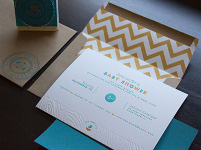 Baby Shower Invites 2 color arrow baby baby boy baby shower bird blind emboss card chevron envelope futura invitation invite kraft letterpress mustard pattern print sackers gothic seal sentinel stamp teal typography vector wood grain zig zag