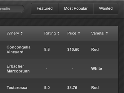 Data Table alcohol bottle bottles clean column columns cork dark dark ui data data table filter helvetica interface jquery list red row rows search sexy sharp sort table ui user white wine winery xml