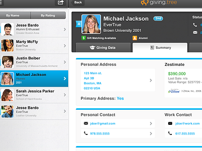 GivingTree Profile app ipad list mobile profile ui ux