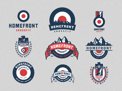 Homefront Crossfit - Logo Mark & Emblem Options australia badge branding brothers cross fit eagle emblem emblems forrest growcase gym home front homefront logo logo design logo designer logo mark lost type mark mountain range mountains new south wales nsw orange retro shield treeline trees vintage workout