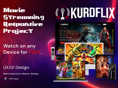 KURDFLIX Movie Streaming (Mobile Application, Website, Web App) application branding design graphic design illustration logo mockup typography ui ux