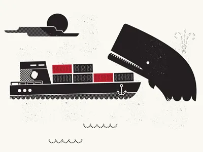 Whale attack, take two boat coffee design illustration shipping two color two colour whale