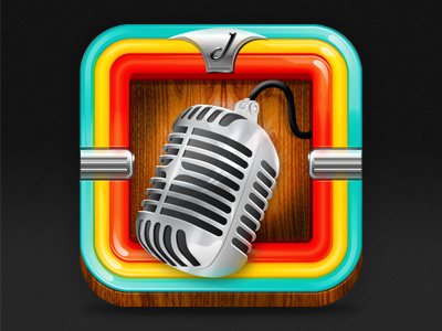 Jukeboxer Icon app chrome glow icon ios icon iphone jukebox microphone music neon shiny texture vector wood