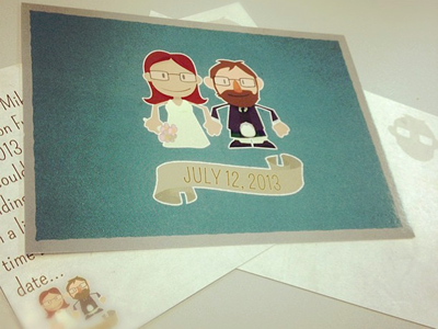 Save The Date cards: printed bride flowers groom illustration kilt paper postcard printed self portrait wedding