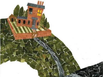 House On The Hill acrylic collage illustration paper sketch