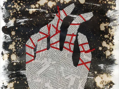 His Fingers Were Tied With Red Laces collage illustration ink sketch