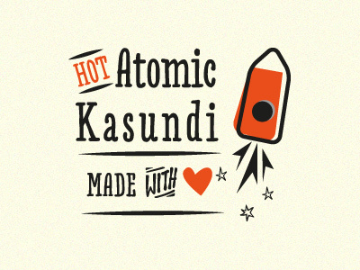 Hot Atomic Kasundi black flames hand drawn heart red retro rocket sketch stars typography