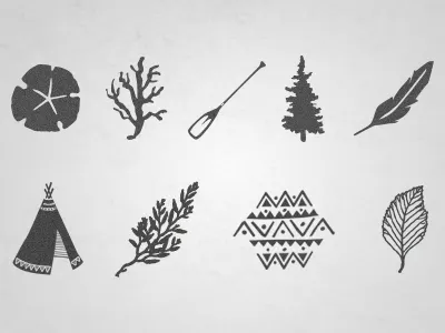 Sea, Field + Tribe Icons blog blog design branch coral design feather field hand drawn icon set icons leaf natural paddle pine tree rollover icons sand dollar sea teepee tribal design tribe