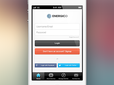 Energy App app energy facebook icons ios iphone iphone app login login screen mobile app splash screen start screen twitter white