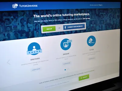 Landing Page blue education features green interface landing login page search title tutor universe
