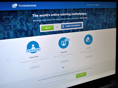Landing Page blue education features green interface landing login page search title tutor universe