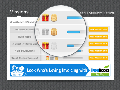 Missions Modal Detail bars icons modal popup progress ui ux