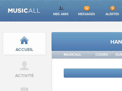 Music-all redesign #2 alert app belgium blue breadcrumbs community dashboard ios music nav notification panel social ui user