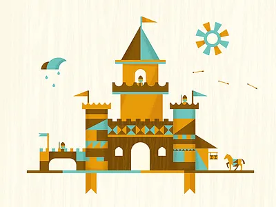More Castle Shapes banner blue brown building castle dangerdom dominic flask flat geometry gold horse illustration knight mid century people rain sun texture wood