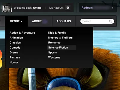 Navigation with dropdown account avatar black dropdown genre gray movies navigation purple search settings user info