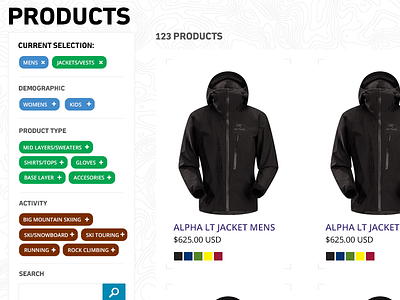 Product page filters color filters list outdoors products search