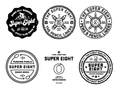 Super Eight Badges V2 badge bike computers eight factory floppy disk manufacture monogram mountains mouse oil pencils pens pixels seal shield starts uk