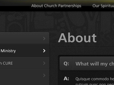 About - Dark UI church cure cure.org dark frutiger ui