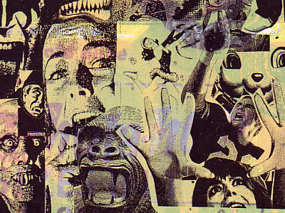 Print Mafia Collage ad black faces found image gorilla ice skates hands illustration ink kiss lamb layers orange orchid overlay paper print mafia screen print scruff teeth texture tongue vampire woman yellow