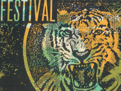 Festival No.1 Test Print black found image ink layers orange overlay paper photo print mafia screen print scruff stripes teal test print texture tiger