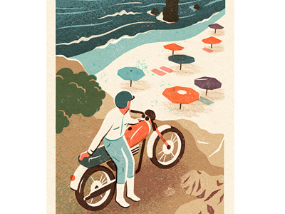 Motorcyclist beach cliff motorbike parasol sea view