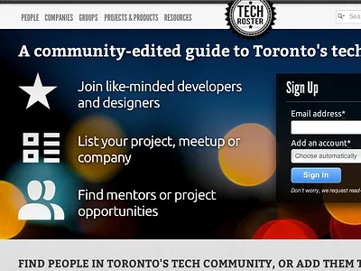 www.techroster.to Landing Page bitter community copy directory landing lightgrey lights retro ui roster sign star tech textile toronto up vintage