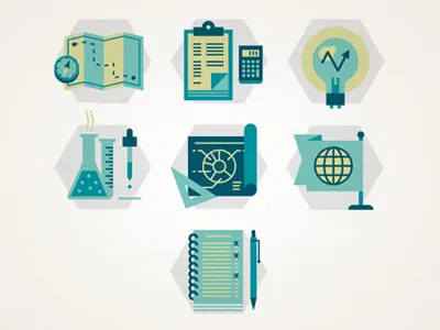 Customer insight icons chemistry clipboard flag icons light map notebook vector