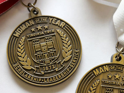 Man and Woman of the Year medal - cast badge banner burruss cast gold medal metal olive branch virginia tech