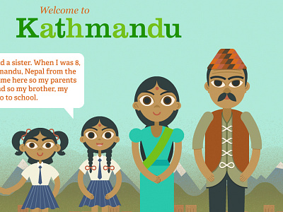 Welcome to Kathmandu cartoon family landscape nepal nepali ngo non profit parallax scroll splash.org vector