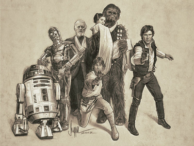 The Gangs All Here! Star Wars! bottleneck gallery c 3po chewbacca family portrait gang group han solo illustration lucasfilm luke skywalker nyc obi wan kenobi pencil princess leia r2 d2 sepia show sketch star wars