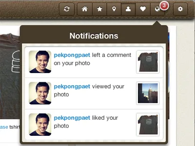 Pictacular Notifications app brown css popover web