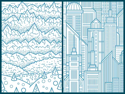 Environments 1 and 2 buildings bushes city clean geometric illustration landscape mountains trees vector windows