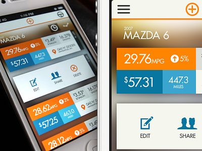 History List app data edit flat futura gallons gas history ios iphone list location mileage orange price share tank ui ux