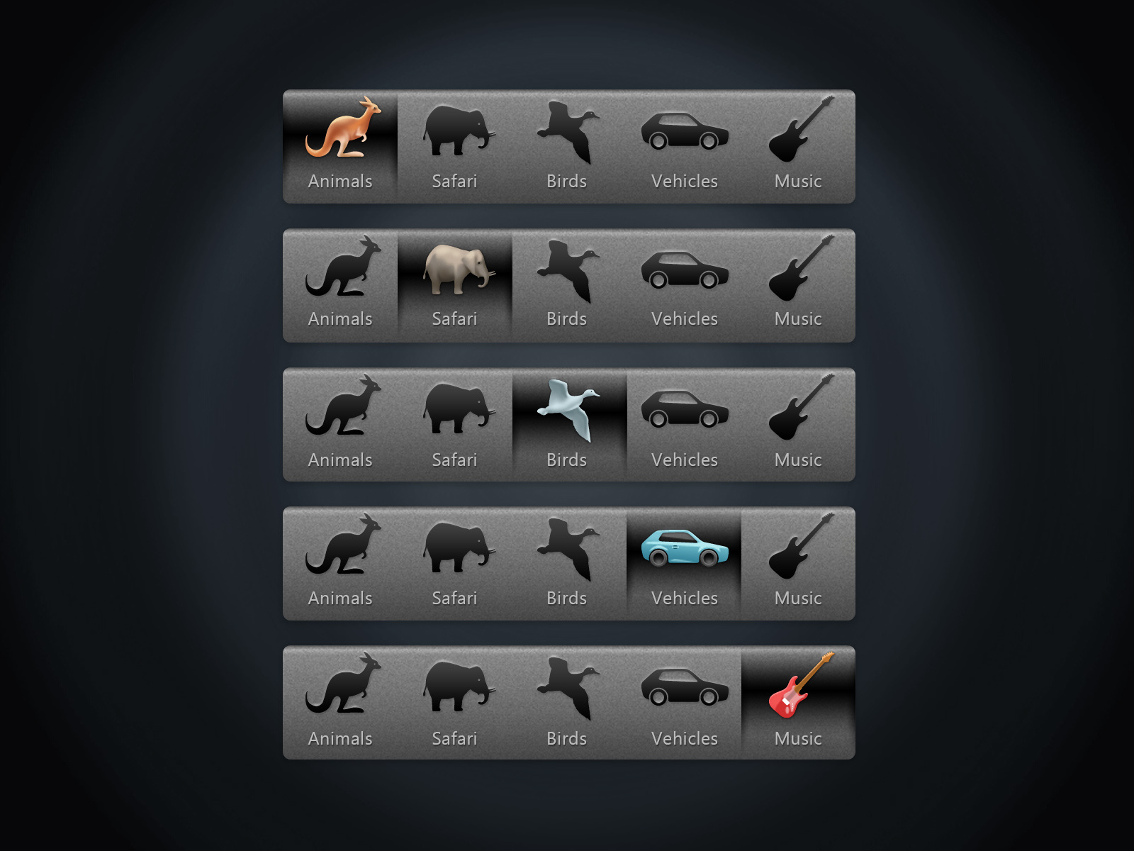 Toolbar Iconset animals bird car guitar icons silhouette toolbar