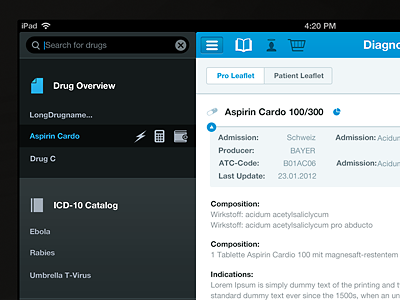Diagnosia iPad blue clean data design drug app green icons information interface ios ipad library mobile responsive ui user interface white