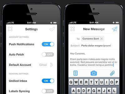Settings and Compose app attachment awesomeness beautiful coming soon contacts design icons iphone iphone 5 mail minimal switches toggles ui yay you know you want it