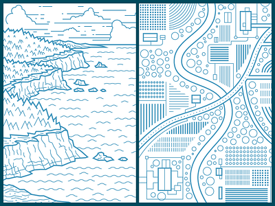 Environments 5 and 6 bushes clouds coast farm geometric illustrations landscape mountains ocean road rocks rural simple vector water