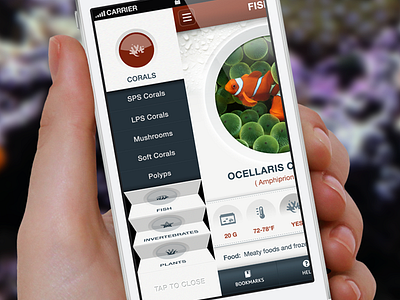 Coral Reference Guide - iPhone App Submenu app coral design dropdown fish fold icons iphone mobile nav navigation reef saltwater tank submenu ui