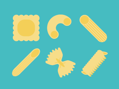 Pastas ! farfalle fusilli illustration macaroni penne ravioli rigatoni vector