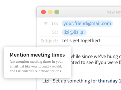 CC Lizi to schedule meetings cc email landingpage lizi mail meetings scheduling tungle