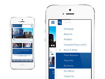Real estate company mobile site bar blocks blue clean corporate dashboard din dropdown feed grid menu metro mobile mockup news real estate retail search side menu ui web white