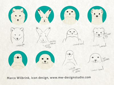 Icon Design Arctic Animals animal arctic arctic hare arctic weasel branding colours design drawing friendly fur graphic icon design iconic illustration sketch snow fox snow owl snow seal soft symmetrical vector white penquin zoo