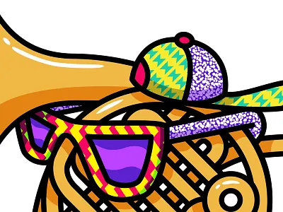 Character Illustration 90s band baseball cap baseballcap brass character electro pop electronic french horn illustration linework mascot music neon pattern retro shiny sunglasses vector