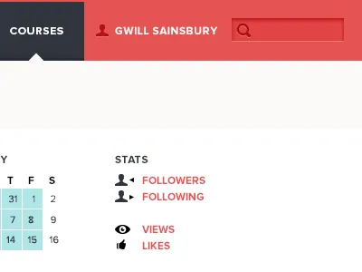 Profile Page blue calendar followers following likes lists navigation navy peach pink red selection stats views