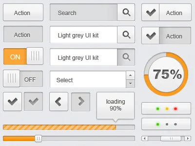 free PSD - light grey UI kit button check button checkbox free psd freebie user interface loading progress bar scrollbar search tooltip ui user interface